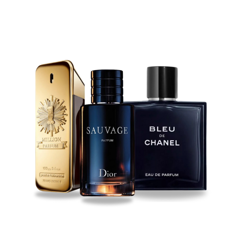 PACK 3 PARFUMES: SAUVAGE DIOR, BLEU DE CHANEL, 1 MILLION 100ML