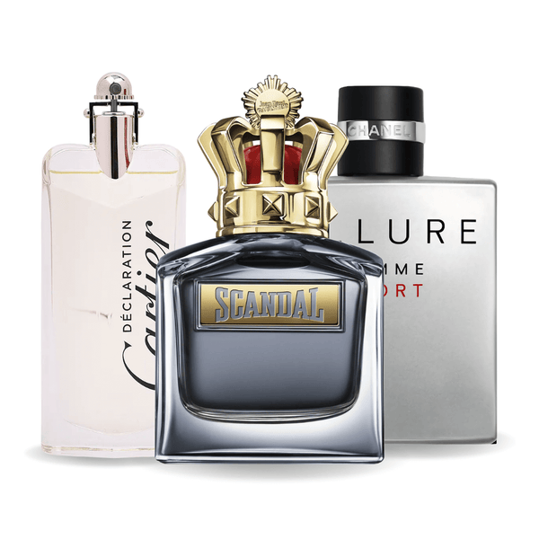 PACK DE 3 PERFUMES: ALLURE HOMME SPORT, JEAN PAUL GAULTIER SCANDAL, CARTIER DECLARATION 100 ml